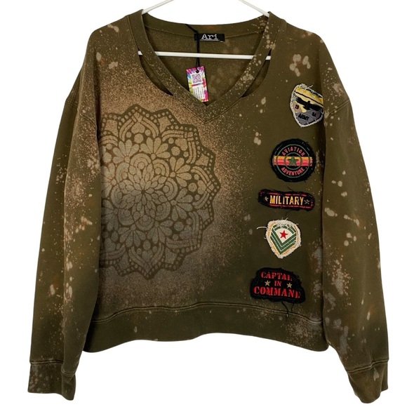 Vintage Y2K Army Sweatshirt Womens Size Medium Handmade Military Green Pullover - Picture 1 of 12